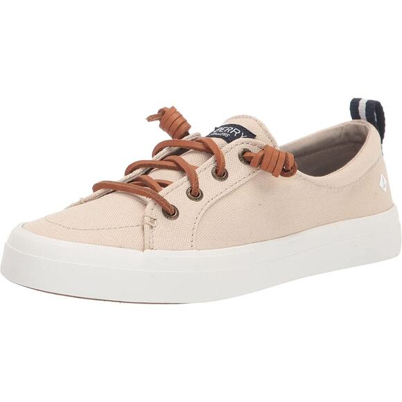 SPERRY Crest Vibe Oat Beige Linen Sneaker Cowhide Leather Laces ~ Women's Size 8 - Picture 1 of 12